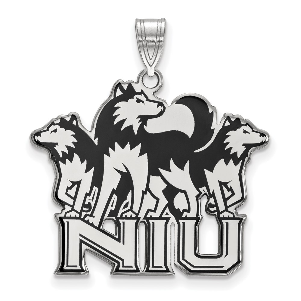 Sterling Silver Rhodium-plated LogoArt Northern Illinois University N-i-u Pendant with Huskies Extra Large Enameled