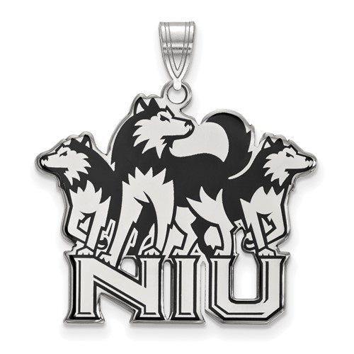 Sterling Silver Rhodium-plated LogoArt Northern Illinois University N-i-u Pendant with Huskies Extra Large Enameled