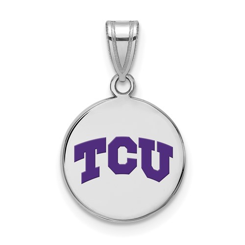 Sterling Silver Rhodium-plated LogoArt Texas Christian University T-c-u Medium Enameled Disc Pendant