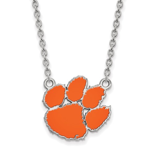 Sterling Silver Rhodium-plated LogoArt Clemson University Tiger Paw Large Enameled Pendant Necklace, 18"