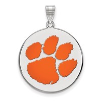 Sterling Silver Rhodium-plated LogoArt Clemson University Tiger Paw Extra Large Enameled Disc Pendant view 1