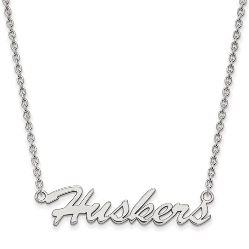 Sterling Silver Rhodium-plated LogoArt University of Nebraska Huskers Script Medium Pendant Necklace, 18"