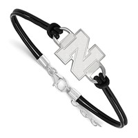 Sterling Silver Rhodium-plated LogoArt University of Nebraska Letter N Black Leather Bracelet with Extender, 7" view 1