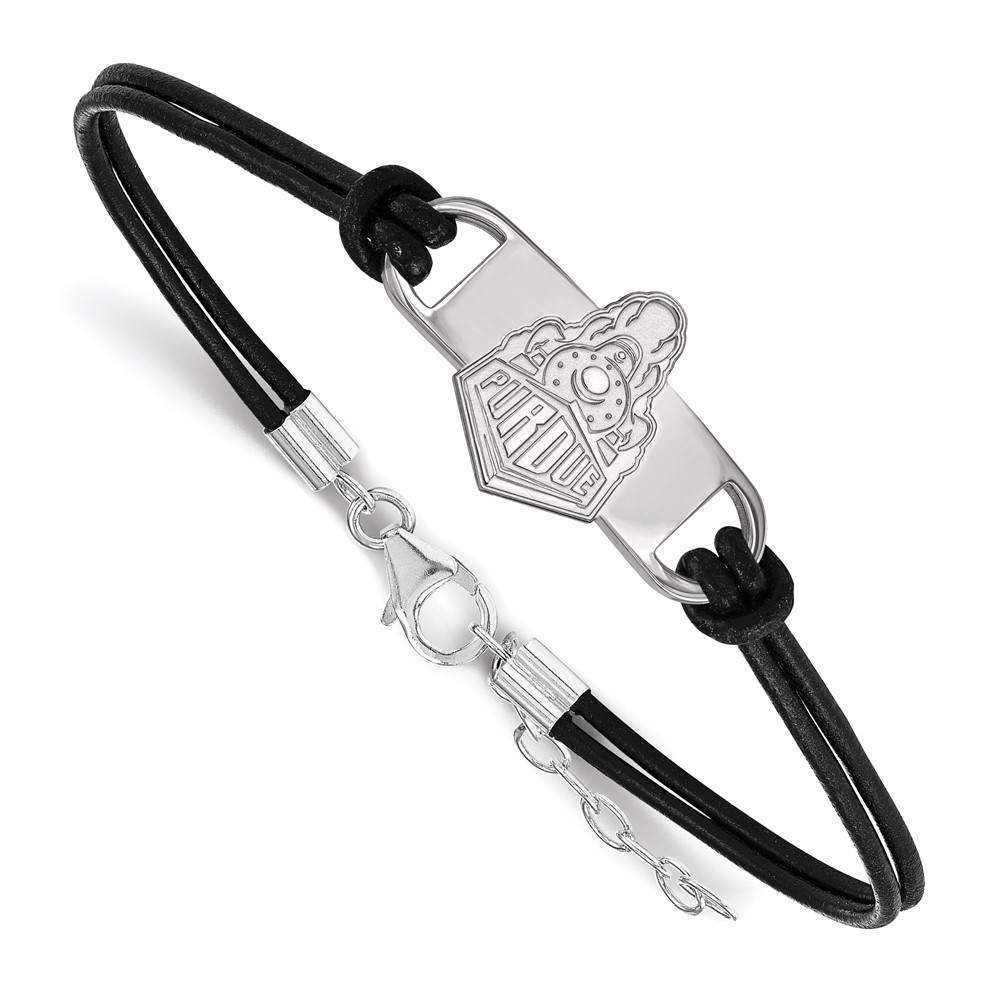 Sterling Silver Rhodium-plated LogoArt Purdue University Boilermakers Train Logo Small Center Black Leather Bracelet with Extender, 7"