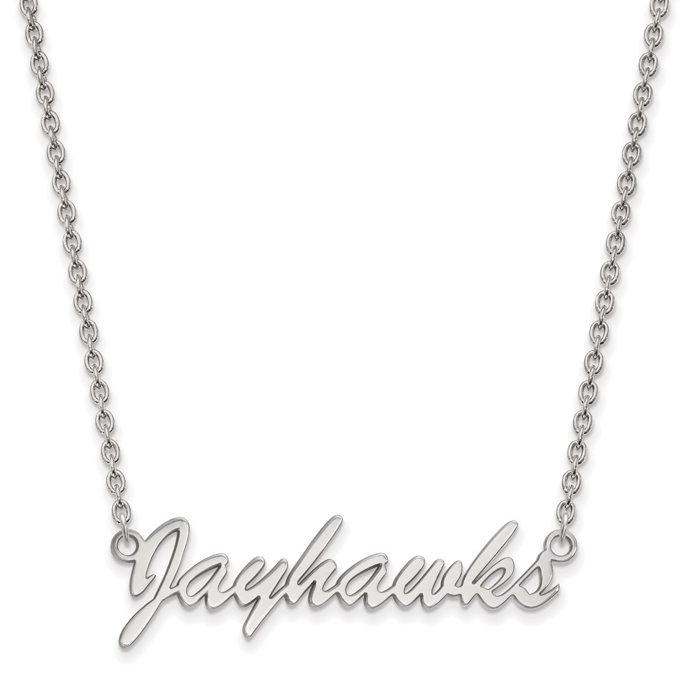 Sterling Silver Rhodium-plated LogoArt University of Kansas Jayhawks Script Pendant Necklace, 18"