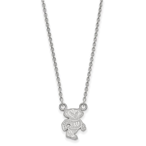 Sterling Silver Rhodium-plated LogoArt University of Wisconsin Badger Small Pendant Necklace, 18"