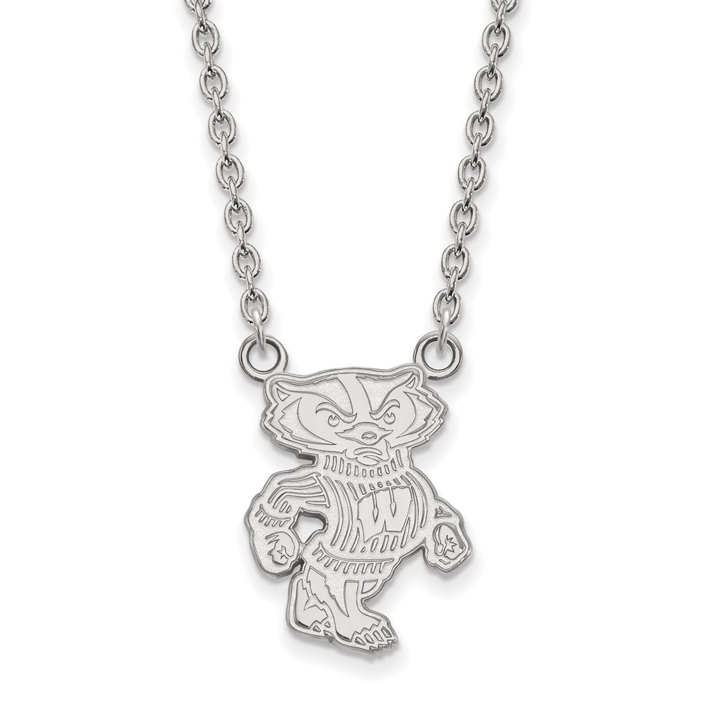 Sterling Silver Rhodium-plated LogoArt University of Wisconsin Badger Large Pendant Necklace, 18"