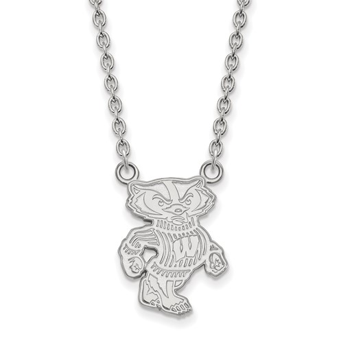Sterling Silver Rhodium-plated LogoArt University of Wisconsin Badger Large Pendant Necklace, 18"