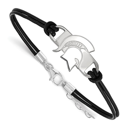 Sterling Silver Rhodium-plated LogoArt Michigan State University Spartan Small Center Black Leather Bracelet with Extender, 7"