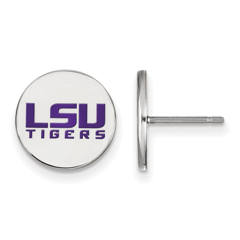 Sterling Silver Rhodium-plated LogoArt Louisiana State University L-s-u Tigers Small Enameled Disc Post Earrings