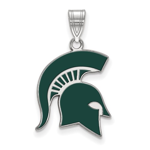 Sterling Silver Rhodium-plated LogoArt Michigan State University Spartan Large Enameled Pendant