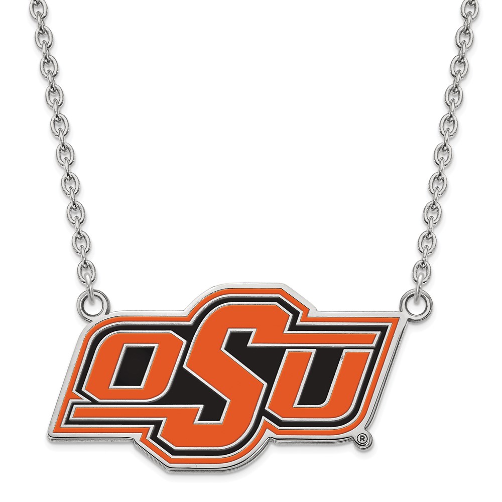 Sterling Silver Rhodium-plated LogoArt Oklahoma State University O-s-u Large Enameled Pendant Necklace, 18"