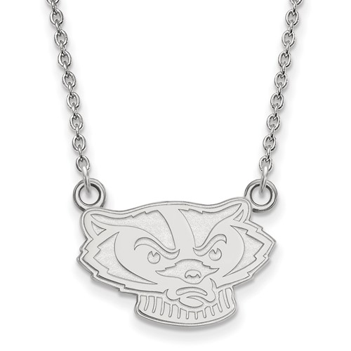 Sterling Silver Rhodium-plated LogoArt University of Wisconsin Badger Small Pendant Necklace, 18"