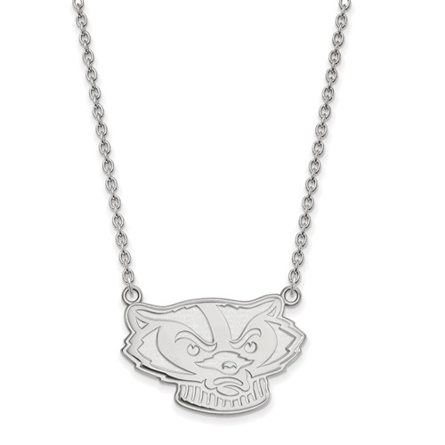 Sterling Silver Rhodium-plated LogoArt University of Wisconsin Badger Large Pendant Necklace, 18"