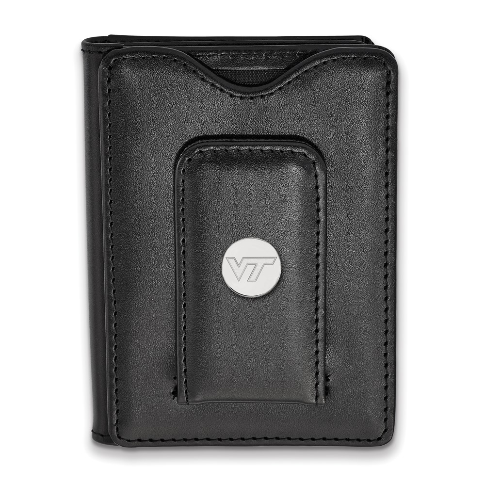 Sterling Silver Rh-plated LogoArt Virginia Tech Black Leather Wallet