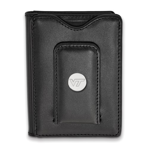 Sterling Silver Rh-plated LogoArt Virginia Tech Black Leather Wallet