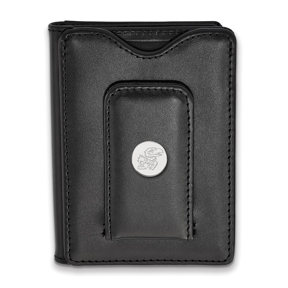 Sterling S. Rh-plated LogoArt University of Kansas Black Leather Wallet