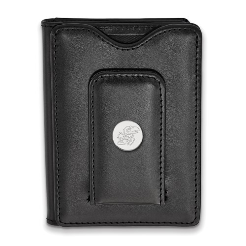 Sterling S. Rh-plated LogoArt University of Kansas Black Leather Wallet