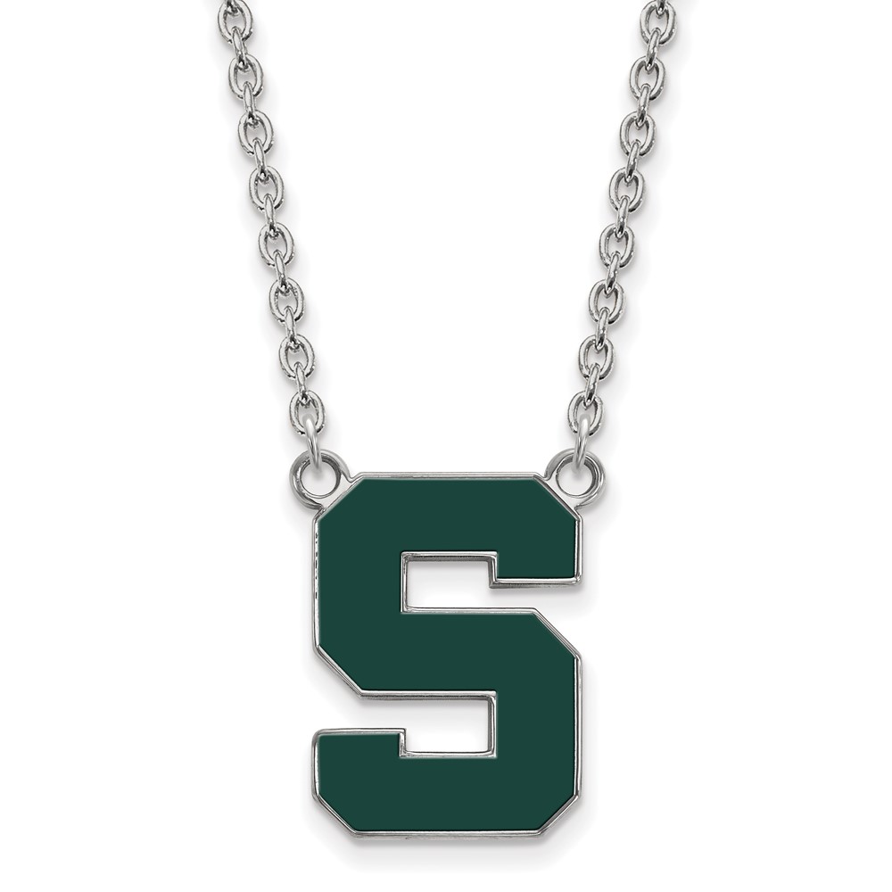 Sterling Silver Rhodium-plated LogoArt Michigan State University Letter S Large Enameled Pendant Necklace, 18"