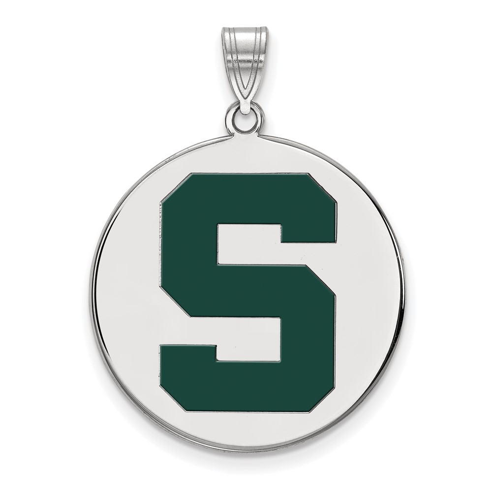 Sterling Silver Rhodium-plated LogoArt Michigan State University Letter S Extra Large Enameled Disc Pendant