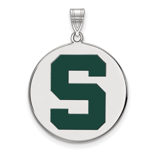 Sterling Silver Rhodium-plated LogoArt Michigan State University Letter S Extra Large Enameled Disc Pendant