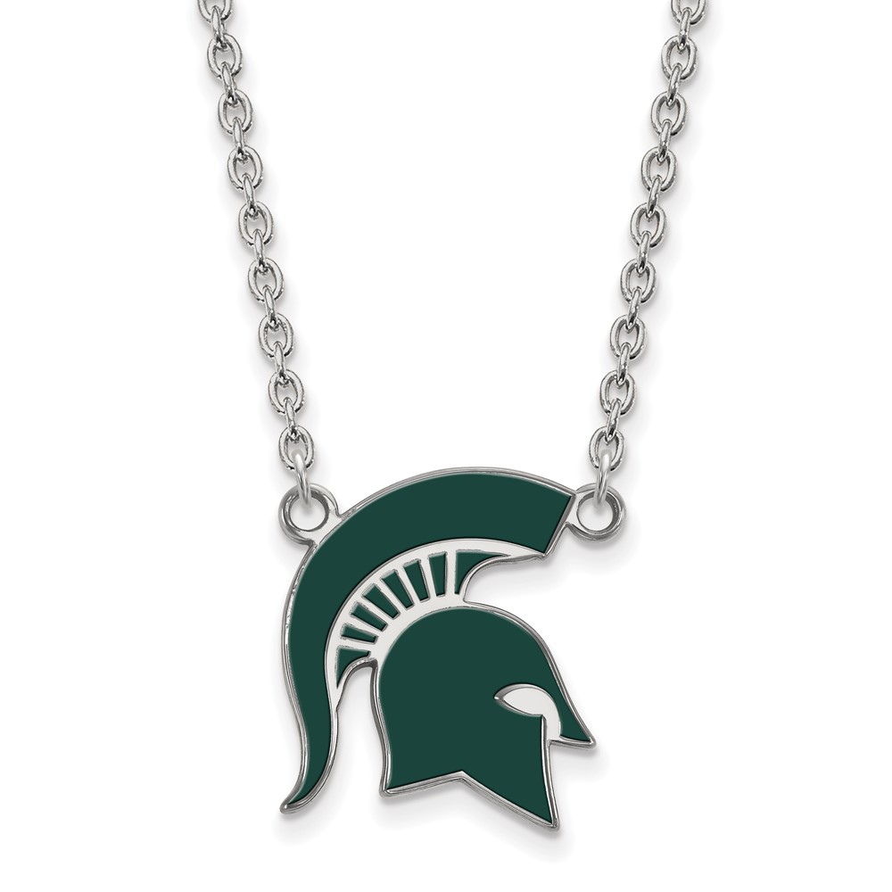 Sterling Silver Rhodium-plated LogoArt Michigan State University Spartan Large Enameled Pendant 18 Inch Necklace