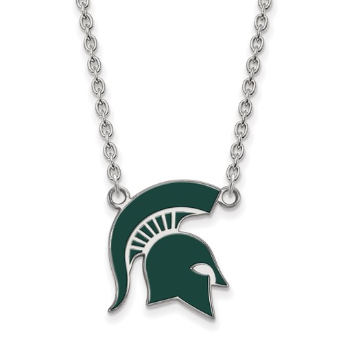 Sterling Silver Rhodium-plated LogoArt Michigan State University Spartan Large Enameled Pendant Necklace, 18"