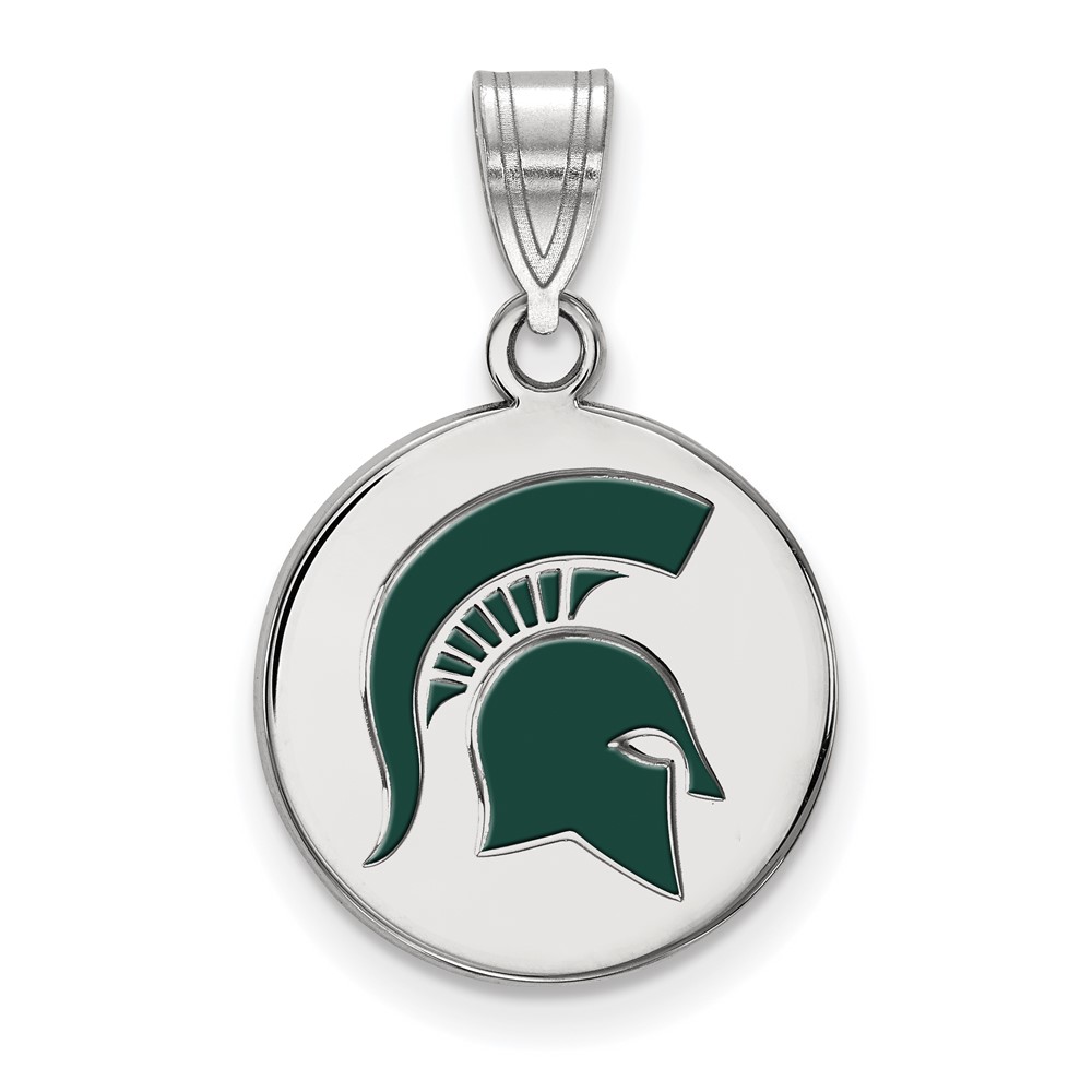 Sterling Silver Rhodium-plated LogoArt Michigan State University Spartan Medium Enameled Disc Pendant