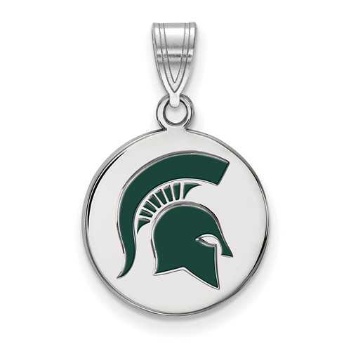 Sterling Silver Rhodium-plated LogoArt Michigan State University Spartan Medium Enameled Disc Pendant