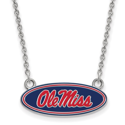 Sterling Silver Rhodium-plated LogoArt University of Mississippi Ole Miss Small Enameled Oval Pendant Necklace, 18"