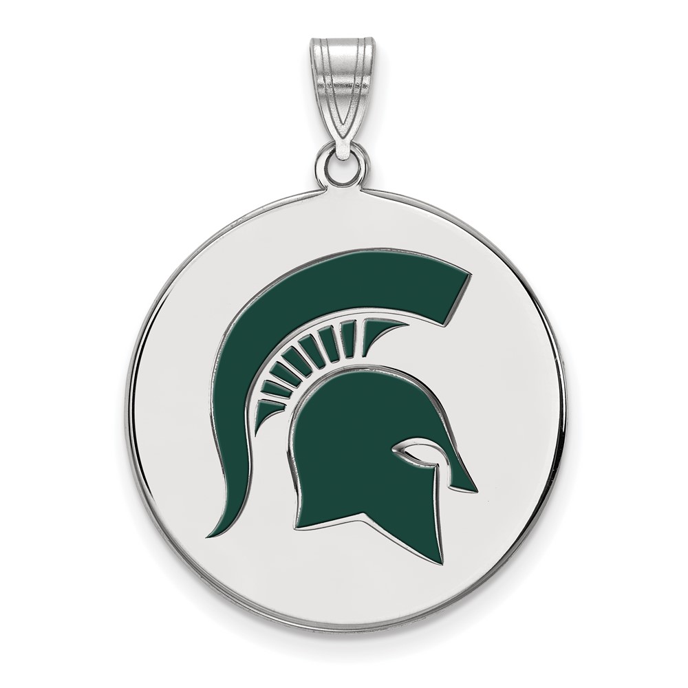 Sterling Silver Rhodium-plated LogoArt Michigan State University Spartan Extra Large Enameled Disc Pendant