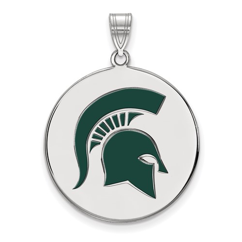 Sterling Silver Rhodium-plated LogoArt Michigan State University Spartan Extra Large Enameled Disc Pendant