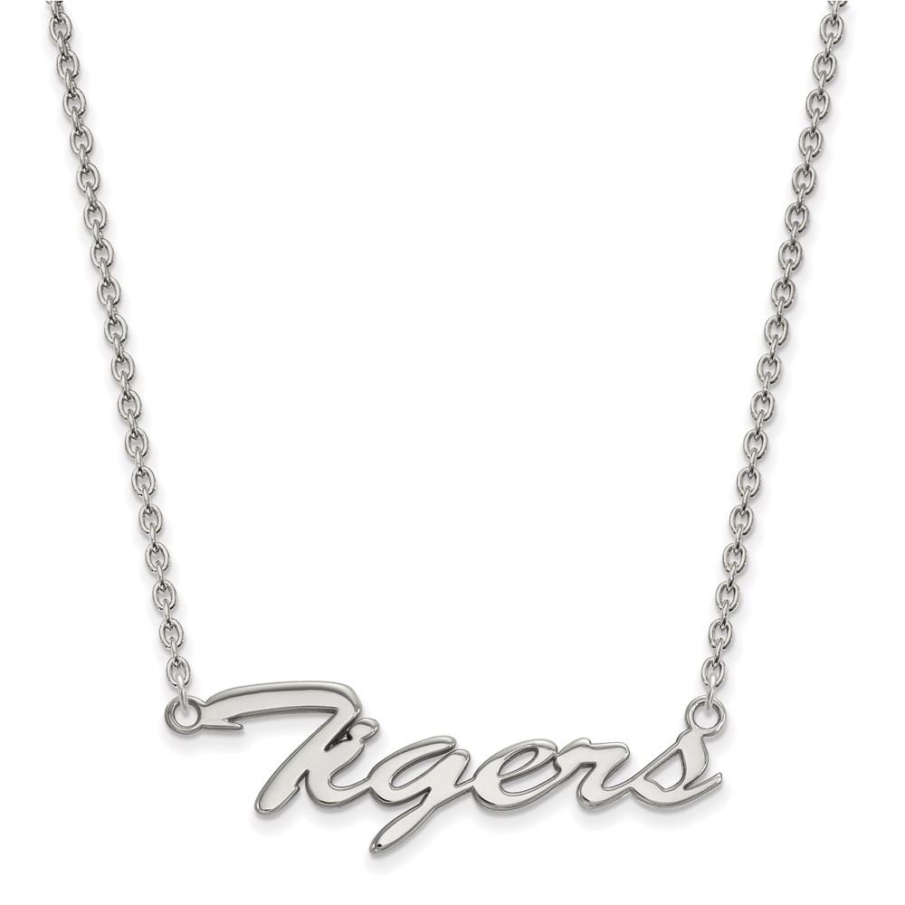 Sterling Silver Rhodium-plated LogoArt Louisiana State University Tigers Script Medium Pendant Necklace, 18"
