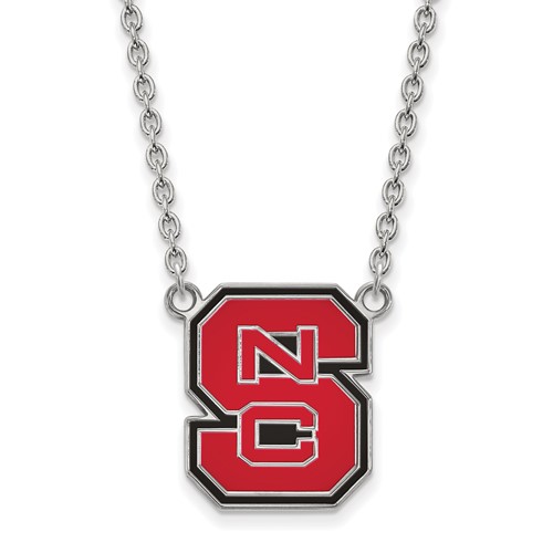 Sterling Silver Rhodium-plated LogoArt North Carolina State University N-c-s Large Enameled Pendant Necklace, 18"