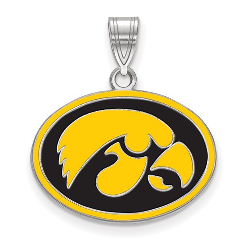 Sterling Silver Rhodium-plated LogoArt University of Iowa Hawk Medium Oval Enameled Pendant