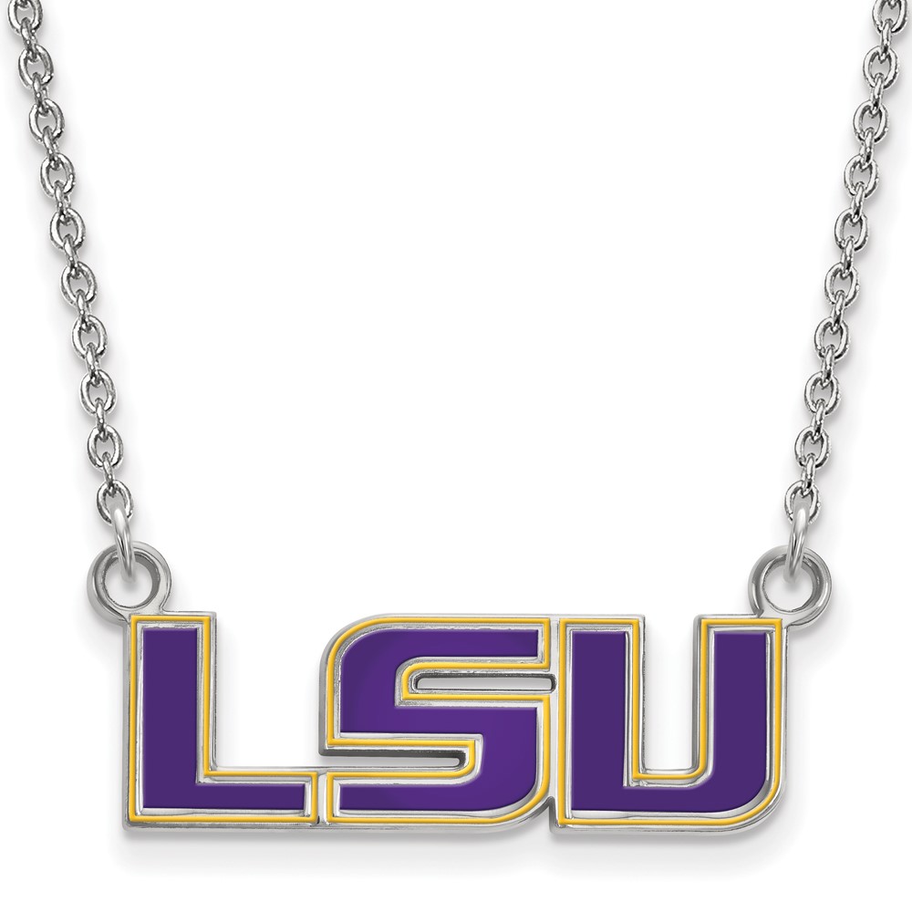 Sterling Silver Rhodium-plated LogoArt Louisiana State University L-s-u Small Enameled Pendant Necklace, 18"
