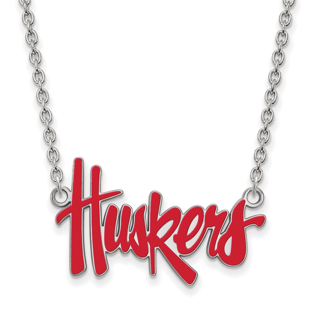 Sterling Silver Rhodium-plated LogoArt University of Nebraska Huskers Script Large Enameled Pendant Necklace, 18"