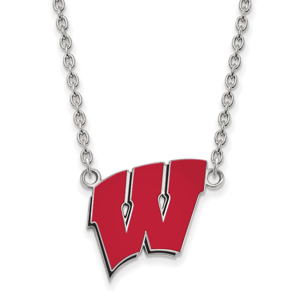 Sterling Silver Rhodium-plated LogoArt University of Wisconsin Letter W Large Enameled Pendant Necklace, 18"