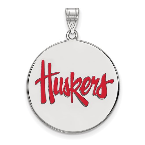 Sterling Silver Rhodium-plated LogoArt University of Nebraska Huskers Extra Large Enameled Disc Pendant