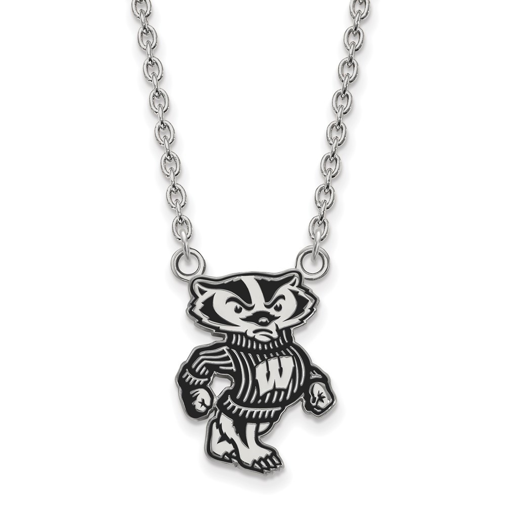 Sterling Silver Rhodium-plated LogoArt University of Wisconsin Badger Large Enameled Pendant Necklace, 18"