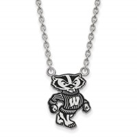 Sterling Silver Rhodium-plated LogoArt University of Wisconsin Badger Large Enameled Pendant Necklace, 18" view 1