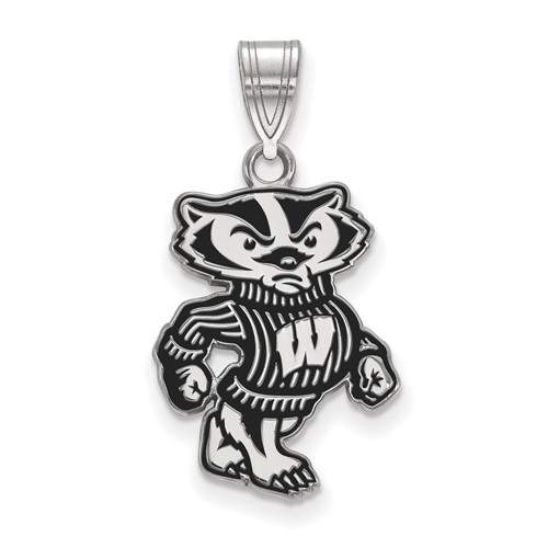 Sterling Silver Rhodium-plated LogoArt University of Wisconsin Badger Large Enameled Pendant
