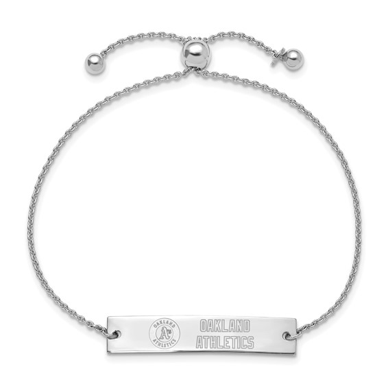 Sterling Silver Rhodium Plated Major League Baseball LogoArt Oakland Athletics Name Bar Adjustable Bracelet