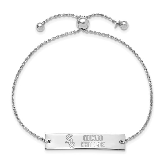 Sterling Silver Rhodium Plated Major League Baseball LogoArt Chicago White Sox Name Bar Adjustable Bracelet