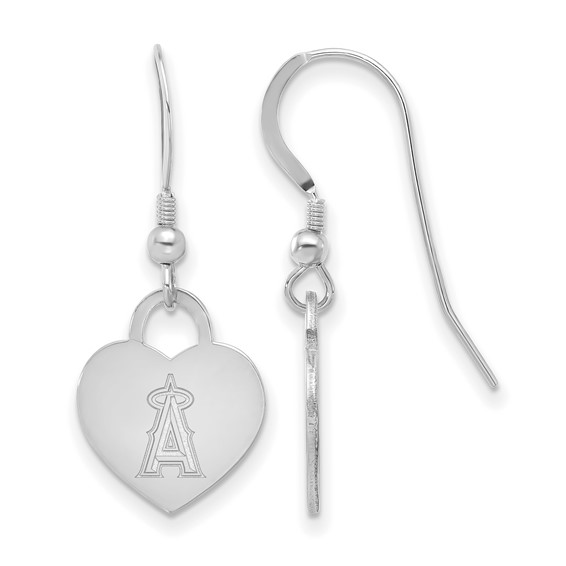 Sterling Silver Rhodium Plated Major League Baseball LogoArt Los Angeles Angels Heart Dangle Earrings
