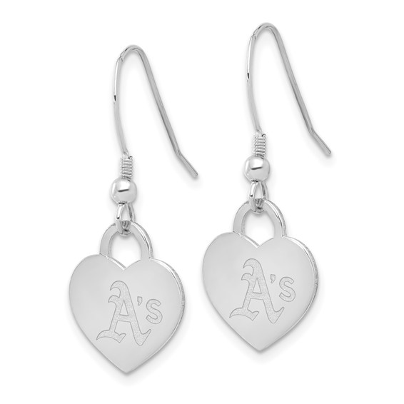 Sterling Silver Rhodium Plated Major League Baseball LogoArt Oakland Athletics Heart Dangle Earrings