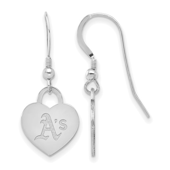 Sterling Silver Rhodium Plated Major League Baseball LogoArt Oakland Athletics Heart Dangle Earrings