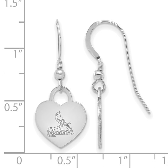 Sterling Silver Rhodium Plated Major League Baseball LogoArt St Louis Cardinals Heart Dangle Earrings