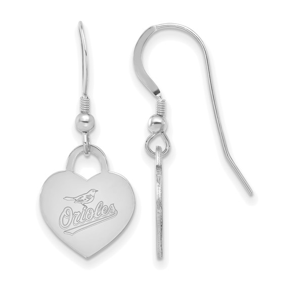 Sterling Silver Rhodium Plated Major League Baseball LogoArt Baltimore Orioles Heart Dangle Earrings