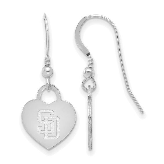 Sterling Silver Rhodium Plated Major League Baseball LogoArt San Diego Padres Heart Dangle Earrings